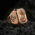 Load image into Gallery viewer, Rose gold plated Jesus Christ signet ring on volcanic stone, Christian prayer scene, religious statement ring