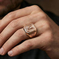 Load image into Gallery viewer, Rose gold plated Saint Benedict ring worn on finger, saint icon signet style, protective religious jewelry