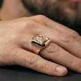 Load image into Gallery viewer, Rose gold plated Jesus Christ ring worn on finger, halo portrait signet style, devotional jewelry gift