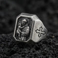 Load image into Gallery viewer, Oxidized sterling silver St Anthony signet ring on volcanic rock, saint holding child relief, cross shoulder engraving