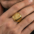 Load image into Gallery viewer, Gold plated St Patrick ring worn on finger, religious men’s signet jewelry, meaningful Catholic gift for him
