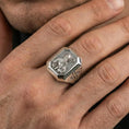Load image into Gallery viewer, Polished silver St Patrick signet ring worn on finger, Catholic faith ring, detailed saint engraving close-up