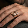 Load image into Gallery viewer, Rose gold plated Jesus Christ crown of thorns ring worn on finger, side-profile Christ engraving, devotional prayer jewelry gift