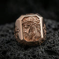 Load image into Gallery viewer, Rose gold plated Jesus crown of thorns ring on volcanic stone, Christ side portrait relief, religious signet style jewelry