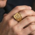Load image into Gallery viewer, Gold plated Saint Christopher traveler ring worn on finger, carrying child relief, Christian protection ring for daily wear