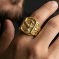 Load image into Gallery viewer, Gold plated Saint Michael archangel ring worn on finger, warrior saint protection symbol, Christian gift for husband