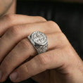 Load image into Gallery viewer, Polished silver St Benedict medal ring worn on finger, detailed Latin inscription cross seal, religious protection jewelry