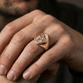 Load image into Gallery viewer, Rose gold plated St Christopher ring worn on finger, detailed Catholic saint cameo, protective faith jewelry for everyday wear
