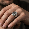 Load image into Gallery viewer, Oxidized sterling silver St Christopher signet ring worn on finger, patron saint of travelers relief, protective Catholic jewelry