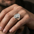 Load image into Gallery viewer, Polished silver St Christopher ring worn on finger, saint carrying child engraving, meaningful travel protection ring