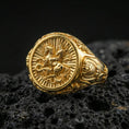 Load image into Gallery viewer, Gold plated St George signet ring on dark volcanic rock, saint warrior defeating dragon cameo, faith protection jewelry