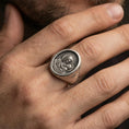 Load image into Gallery viewer, Oxidized sterling silver Mother Mary ring worn on finger, Madonna and Child relief, Catholic protection jewelry