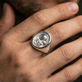 Load image into Gallery viewer, Polished silver Virgin Mary ring worn on finger, Sacred Child halo engraving, meaningful Christian jewelry