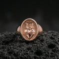 Load image into Gallery viewer, Rose gold plated Sacred Heart ring on volcanic stone, thorn-crowned heart emblem, Catholic devotional accessory
