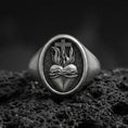 Load image into Gallery viewer, Oxidized sterling silver Sacred Heart signet ring on volcanic rock, thorned heart and cross relief, Catholic jewelry
