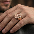 Load image into Gallery viewer, Rose gold plated Saint Joseph ring on hand, Catholic jewelry signet with Holy Family relief
