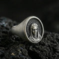 Load image into Gallery viewer, Oxidized 925 sterling silver Virgin Mary signet ring on volcanic rock, sacred portrait relief, Catholic devotional jewelry