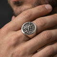 Load image into Gallery viewer, Oxidized 925 sterling silver St. Michael ring worn on finger, archangel protection signet style, Christian jewelry