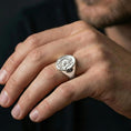 Load image into Gallery viewer, Polished silver Pope John Paul II signet ring worn on finger, papal portrait engraving, Catholic accessory