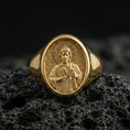 Load image into Gallery viewer, Gold plated Saint Jude ring on volcanic stone, religious signet ring with halo relief