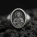 Load image into Gallery viewer, Oxidized 925 sterling silver Saint Jude signet ring on volcanic rock, halo relief portrait