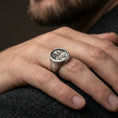 Load image into Gallery viewer, Oxidized St Francis ring worn on finger, patron saint protection signet ring for daily wear