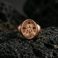 Load image into Gallery viewer, Rose gold plated Jesus Christ signet ring on volcanic stone, halo cross motif, elegant faith jewelry