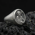 Load image into Gallery viewer, Oxidized 925 sterling silver Saint Benedict signet ring on volcanic rock, holy protector portrait relief, Catholic jewelry