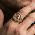 Load image into Gallery viewer, Rose gold plated Knights Templar ring worn on finger, Templar seal engraving, gothic medieval signet jewelry