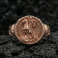 Load image into Gallery viewer, Rose gold plated St. George dragon signet ring on volcanic stone, medieval knight seal ring, Christian warrior symbol