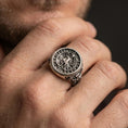 Load image into Gallery viewer, Oxidized 925 sterling silver Knights Templar Secretum Templi ring worn on finger, medieval crusader seal signet