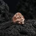 Load image into Gallery viewer, Rose gold plated skull mandala ring on volcanic stone, ornate mandala engraving, gothic luxe jewelry