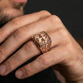 Load image into Gallery viewer, Rose gold plated crusader cross ring worn on finger, detailed Christian cross relief, unique religious gift
