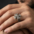 Load image into Gallery viewer, Oxidized 925 sterling silver iron cross signet ring worn on finger, bold raised cross relief, masculine statement ring