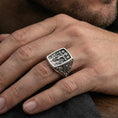 Load image into Gallery viewer, Oxidized 925 sterling silver INRI crucifix signet ring worn on finger, detailed Jesus on cross relief, vintage Christian jewelry
