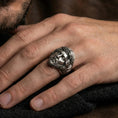 Load image into Gallery viewer, Oxidized 925 sterling silver Jesus head ring worn on finger, crown of thorns detail, realistic Christian statement jewelry