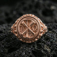 Load image into Gallery viewer, Rose gold plated Chi Rho Alpha Omega ring on volcanic stone, round faith emblem, religious signet statement ring
