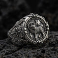 Load image into Gallery viewer, Oxidized 925 sterling silver Agnus Dei signet ring on volcanic rock, Lamb of God seal with Latin inscription, cross shoulder engraving