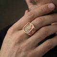 Load image into Gallery viewer, Rose gold plated Saint Roch signet ring worn on finger, Saint Roch and dog relief, vintage religious signet with ornate details