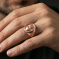 Load image into Gallery viewer, Rose gold plated Sacred Heart signet ring worn on finger, Sacred Heart emblem with crown of thorns, Catholic jewelry gift