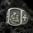 Load image into Gallery viewer, Oxidized 925 sterling silver Saint Anthony of Padua signet ring on volcanic rock, saint holding Child Jesus, Catholic devotional jewelry