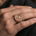 Load image into Gallery viewer, Rose gold plated St Benedict signet ring worn on finger, Benedict medal relief with Latin text, religious gift ring