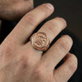 Load image into Gallery viewer, Rose gold plated Christian monogram signet ring worn on finger, monogram seal with cross engraving, Christian gift ring