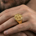 Load image into Gallery viewer, Gold plated Hanuman signet ring worn on finger, Hindu monkey god signet ring with raised relief and bold statement style