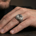 Load image into Gallery viewer, Oxidized 925 sterling silver Good Shepherd signet ring worn on finger, Jesus holding lamb relief in dark antique finish