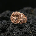 Load image into Gallery viewer, Rose gold plated Jesus Christ ring on volcanic stone, crown of thorns portrait relief with premium statement ring profile