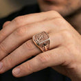 Load image into Gallery viewer, Rose gold plated Archangel Michael signet ring worn on finger, angel warrior relief with elegant warm luxury tone
