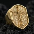 Load image into Gallery viewer, Gold plated Saint Michael ring on dark volcanic rock, winged Archangel with spear and “Quis ut Deus” emblem