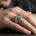 Load image into Gallery viewer, Oxidized 925 sterling silver Pope portrait signet ring worn on finger, Catholic medal style oval relief face