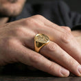 Load image into Gallery viewer, Gold plated Pope portrait signet ring worn on finger, Catholic faith medallion ring with oval face